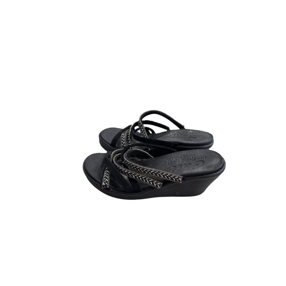Skechers Cali Rumble On Night Out Comfort Strappy Wedge Vegan Black Sandals Sz 6